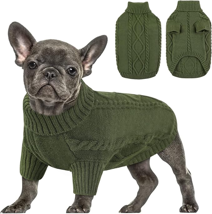 Queenmore Small Dog Pullover Sweater, Cold Weather Cable Knitwear, Classic Turtleneck Thick Warm Clothes for Chihuahua, Bulldog, Dachshund, Pug (Army Green, Small)