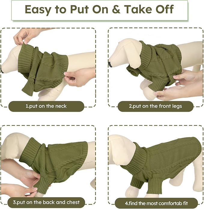 Queenmore Small Dog Pullover Sweater, Cold Weather Cable Knitwear, Classic Turtleneck Thick Warm Clothes for Chihuahua, Bulldog, Dachshund, Pugl,OliveGreen,XS