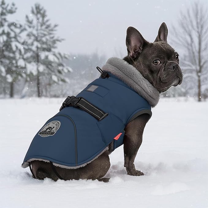 KYEESE Waterproof Dog Coat, Warm Windproof Jacket,Turtleneck Winter Dog Coats for Small Dogs with Leash Hole, Reflective Pet Clothes & Outdoor Apparel,Thick Fleece-Lined Winter Jacket,Navy Blue, Large
