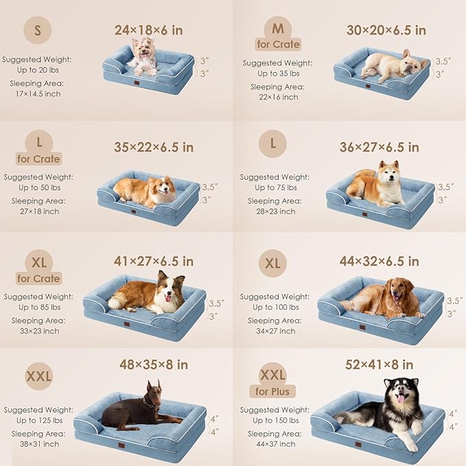 EHEYCIGA Orthopedic Dog Beds for Large Dogs, Waterproof Memory Foam Large Dog Bed with Sides, Non-Slip Bottom and Egg-Crate Foam Pet Couch Bed with Washable Removable Cover, Washed Blue