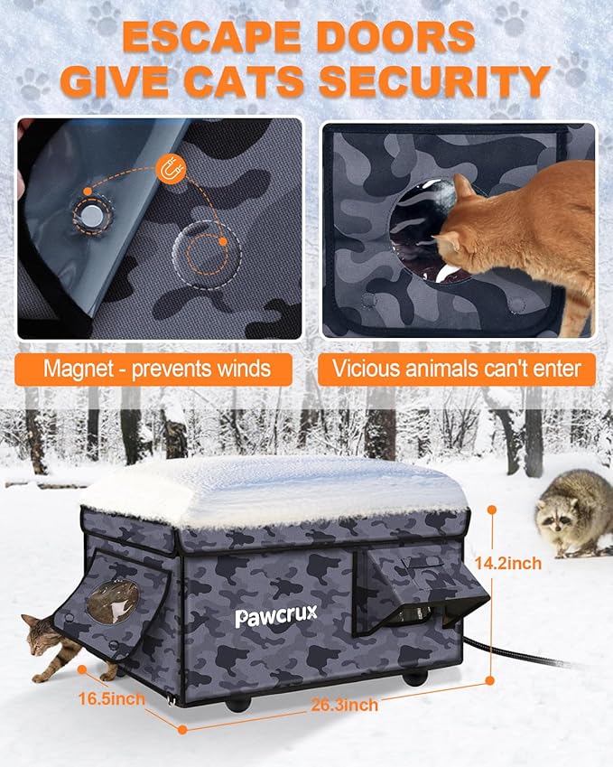 Weatherproof Heated Cat House for Outdoor in Winter, Heated Cat Bed Kitty Shelter with Cat Heating Pad, Insulated & Safe Escape Door, Warm Home for Outside Stray Cat