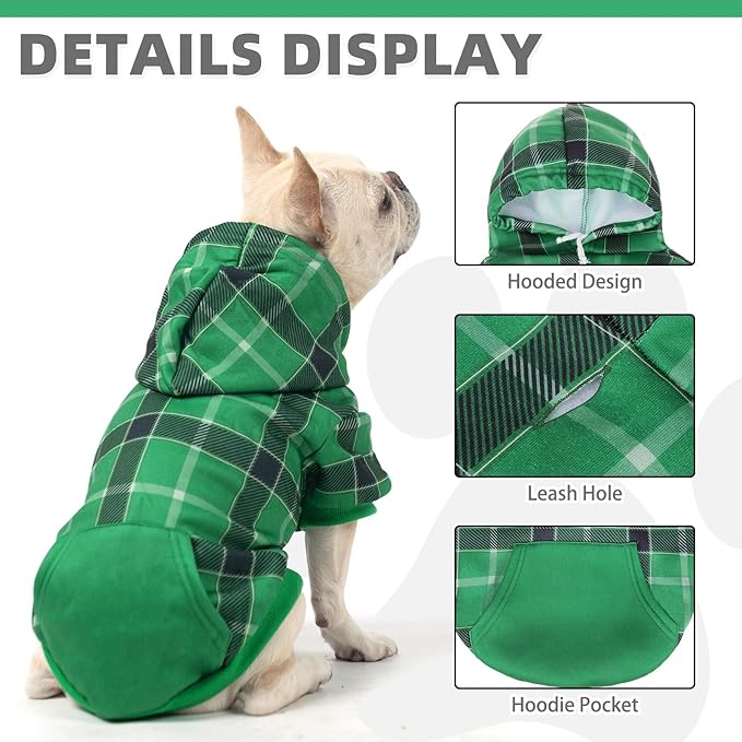 KOOLTAIL Plaid Dog Hoodie for Small Medium Large Dogs - Pet Clothes Sweater with Hat and Pocket for Cold Weather Winter, Warm Soft Dog Hooded Sweatshirt Coat Outfit for Puppy Cats Girls Boys Green M