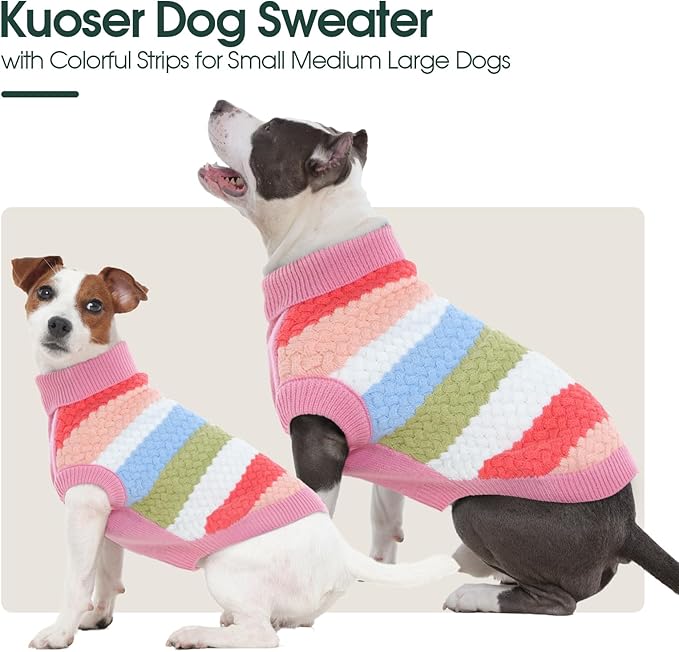 Kuoser Dog Sweater, Large Sweaters for Dogs Doggy Turtleneck Christmas Thanksgiving Outfit, Thick Warm Knitted Dog Winter Vest Puppy Fall Sweater, Pet Cold Weather Sweatshirt Warm Clothes, Pink L