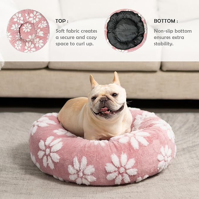 Yaning Donut Dog Beds for Small Dogs, Calming Round Cat Beds for Indoor Cats, Cute 3D Textured Flower Pet Bed with Removable Washable Cover and Anti-Slip Bottom（Pink，23"）
