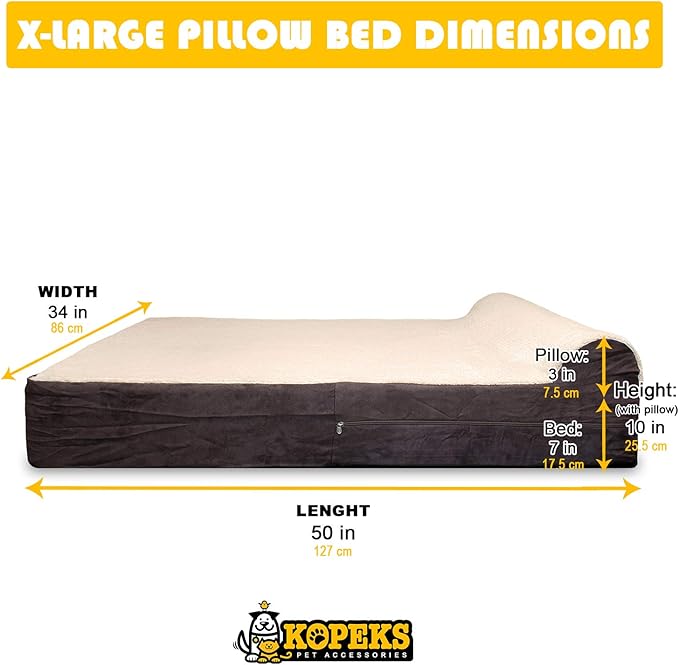 KOPEKS Jumbo Orthopedic Dog Bed - 7-inch Thick Memory Foam Pet Bed with Pillow with Removable Cover & Free Waterproof Liner - for Large Breed Dogs, XL, Brown-Plush Top