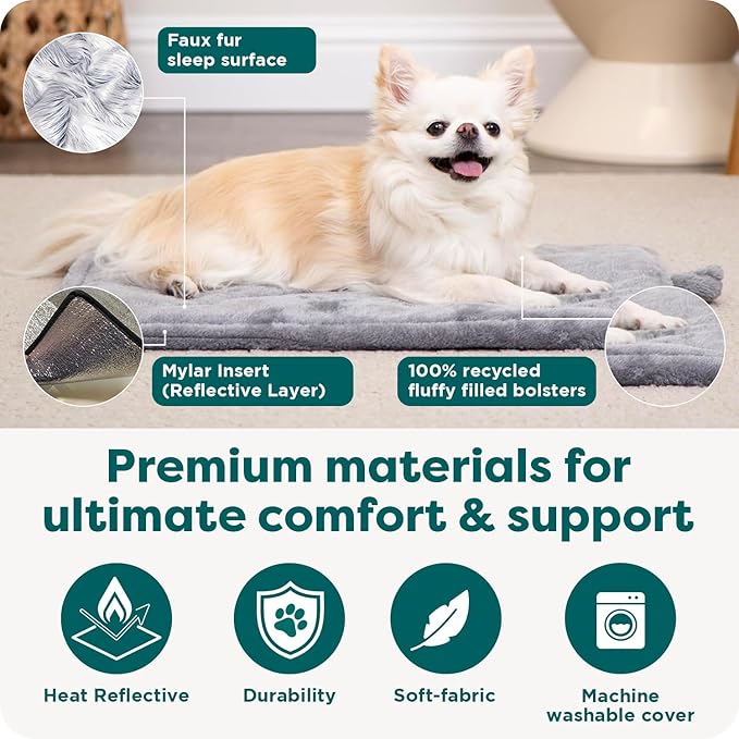 FurHaven ThermaNAP Self Warming Cat Mat, Dog Bed for Crates with Self-Warming Technology for Cozy Rest, Fully Machine Washable, Small, Plush Faux Fur, Gray
