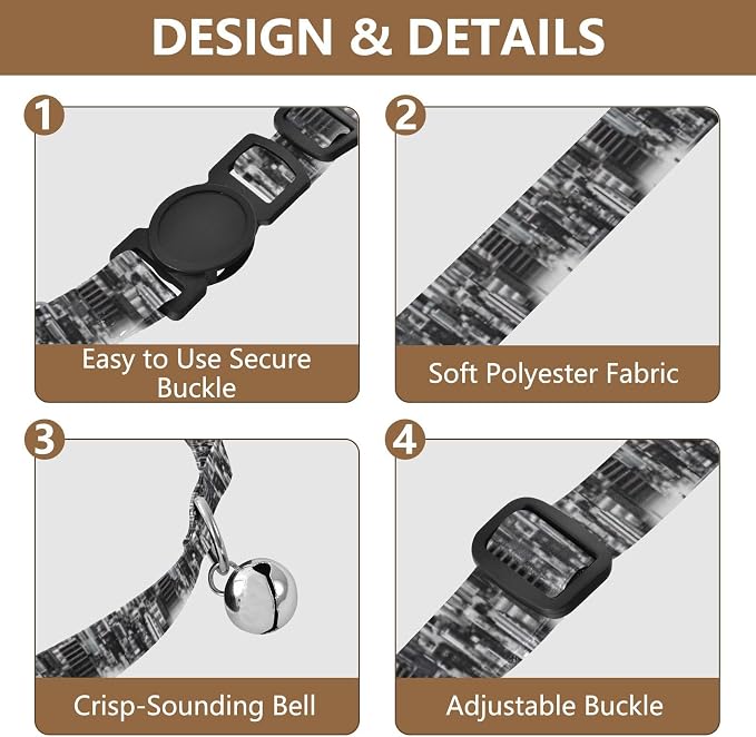 Black White Skyline City Puppy Collar 2 Pack Pet Collars for Cats Adjustable Length 10.6" to 17.1"