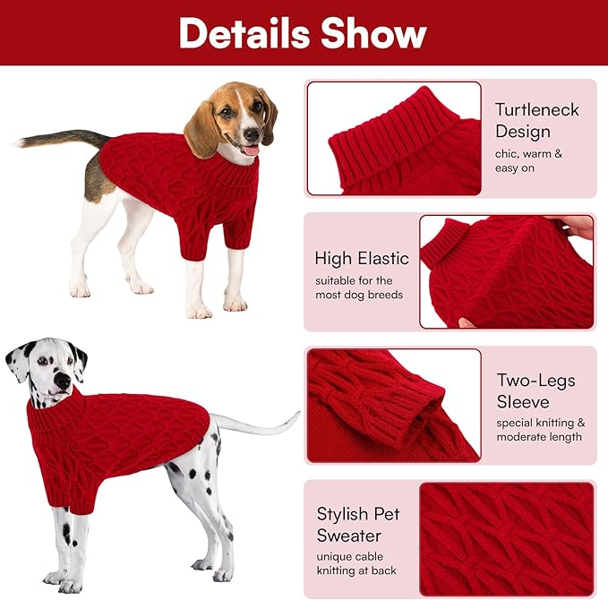 Queenmore Dog Sweaters for Large Dogs Girls Boys,Warm Pullover Extra Large Dog Sweater,Dogs Christmas Sweaters,Classic Turtleneck Thick Clothes for Extra Large Pets, Pitbull, Boxer(Red,2XL)