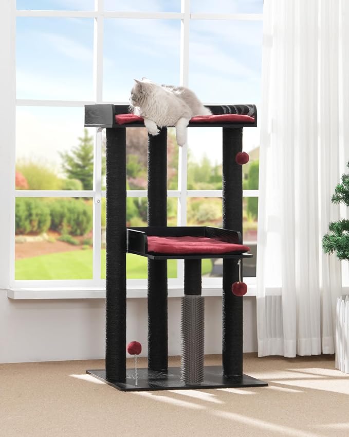 FourFurPets 43.7" Cat Tree, Modern Cat Tree Tower, Cat Tower for Indoor Cats Large Adult, Cat Condo with Scratching Post, Large Perch and Removable Pads, Black&Red