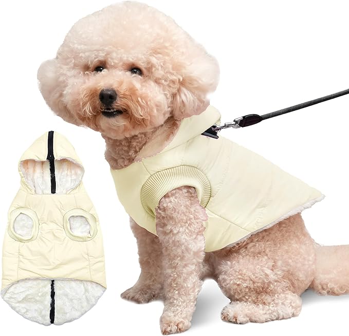 Fleece Lining Dog Hoodie with Harness Built in,Extra Warm Small Dog Jacket in Winter Puppy Coats with Hooded,Light Yellow S