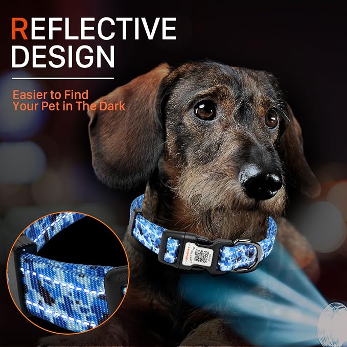 Personalized Dog Collar with QR Code Dog Tag, Camo Blue XS | Anti-lost, 1000D nylon, reflective, padded, XS-L(8"-24"), QR buckle shares lost pet profile, location alerts when scanned