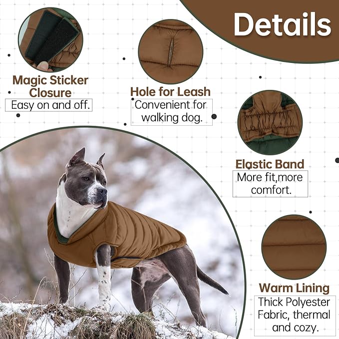 Lelepet Reversible Dog Coat Waterproof Dog Jacket Windproof Puffer Vest for Winter Warm Lightweight Coats for Medium Dogs Adjustbale Hook & Loop Pet Apparel with Leash Hole, French Bulldog, Brown L