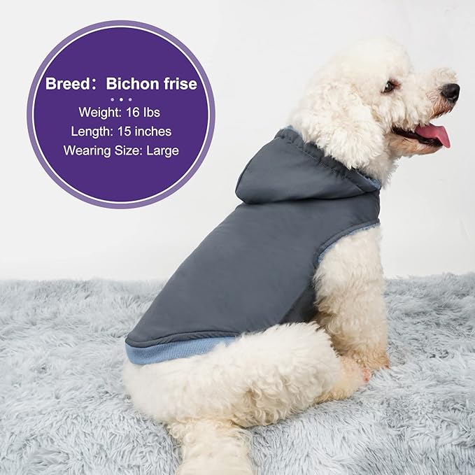cyeollo Sherpa Dog Hoodie Reversible Vest for Dogs Waterproof Windproof Cozy Winter Clothes Thermal Fuzzy Cold Weather Coats Sweatshirt with Pocket Puppy Cat Apparel, Blue Small