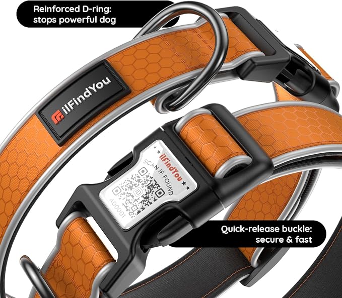 Personalized Dog Collar with QR Code Dog Tag, Oxford Orange S | Anti-lost, Oxford, reflective, padded, XS-L(8"-24"), QR buckle shares lost pet profile, location alerts when scanned, No Fees