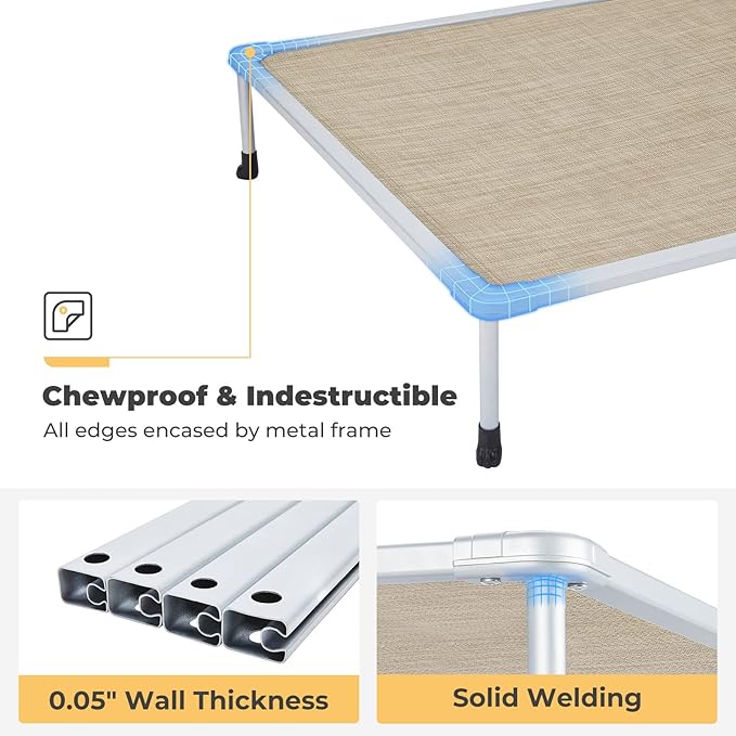 Veehoo Chewproof Elevated Dog Bed - Cooling Raised Pet Cot, Breathable Mesh, Washable & Non-Slip for large Dogs, Indoor/Outdoor, Beige Coffee Mat and Silver Metal Frame, 59x37inches (Model CWC2203B03)