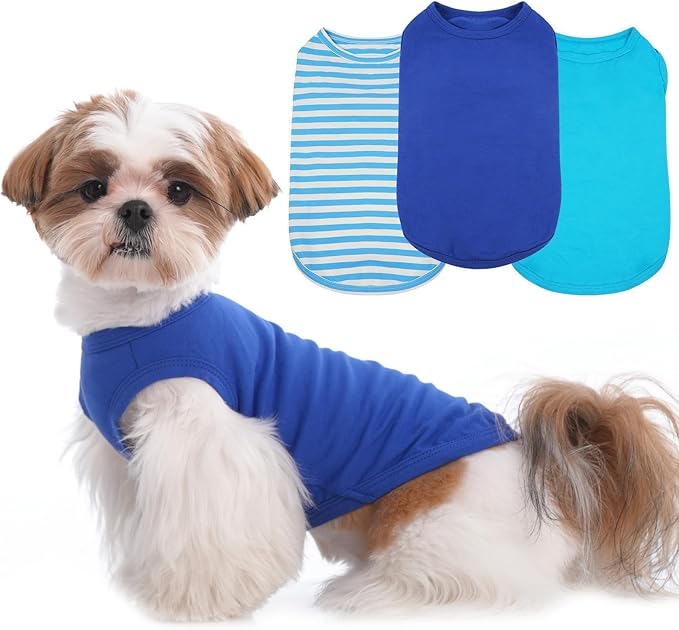 3 Pack Blue Striped T Shirts for Small Dogs,Lightweight Sleeveless Tee Set for Spring&Summer Keep Body Heat After Exercise,Breathable Plain Dog Shirt for Party,Shih Tzu(Blue,S)