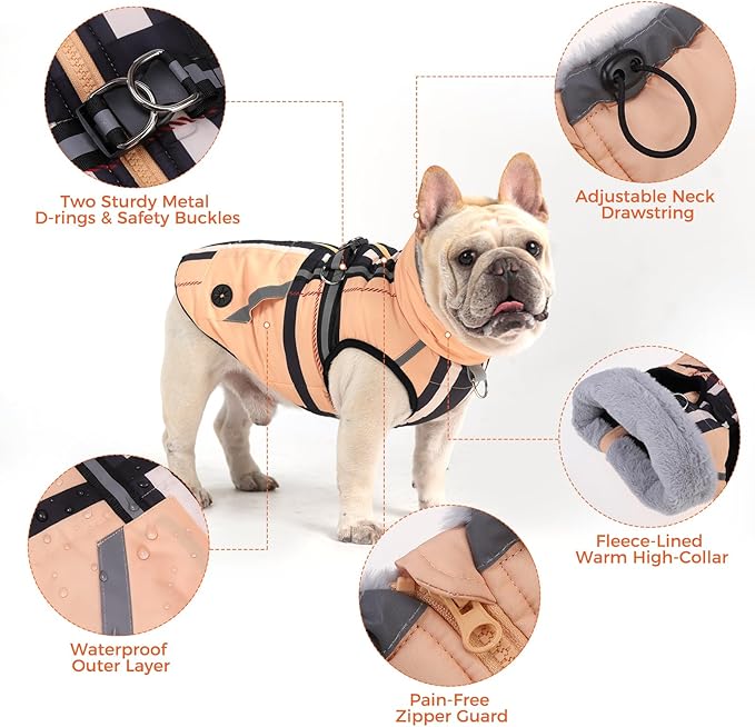 Mihachi Medium Dog Coat with Harness Built in, Warm Dog Winter Coat with Pockets for Dogs, Waterproof Reflective Fleece Vest with Zipper, Pet Windproof Warm Cold Weather Jacket Snowsuit Outfit,Beige M