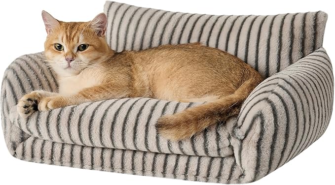 Hollypet Cat Bed Fluffy Plush Mutifuctional Double-Layer Soft Pet Couch Orthopedic Sofa Nest Beds for Small Cats and Dogs, Dark Gray Stripes (21x15x8 inch)