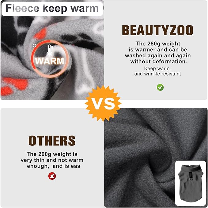 BEAUTYZOO Small Dog Sweater Fleece Vest Winter Jacket, D-Ring Leash Attachment for XS S Puppy Medium Sized Breeds Dogs, Cold Weather Dog Clothes Windproof Keep Warm, Grey Bones Paw M
