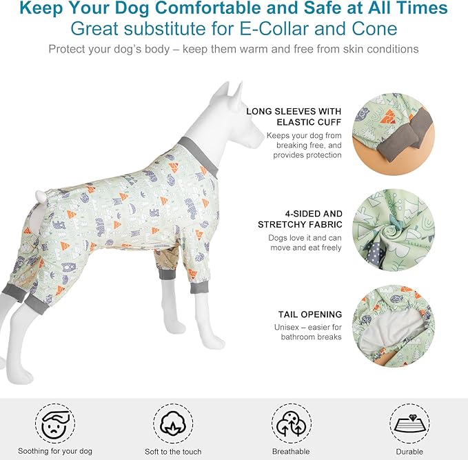 LovinPet Large Dog Clothes for Labrador - Anxiety Calming Dog Pajamas, Lightweight Stretchy Fabric, Sage Animal Print, Pet Pajamas for Dogs,4 Legged Style Pullover Dog Onesies, Silver Grey, L