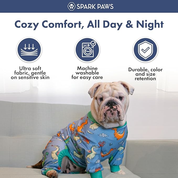 Spark Paws Dog Pajama, Dog Recovery Suit Male, Onesie, Ultra-Soft and 4-Way Stretch, for Small Medium and Large Breeds - Dragons - M