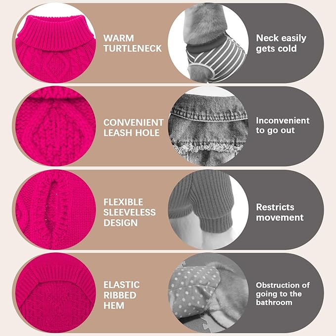 BINGPET Thermal Knitted Dog Sweater for Small Medium Large Dogs,Winter Dog Cat Coat Warm Sweartershirts Outfits,Classic Cable Knit Turtleneck Pullover Dog Jumper Coat Warm Sweartershirts(Rosered,ML)