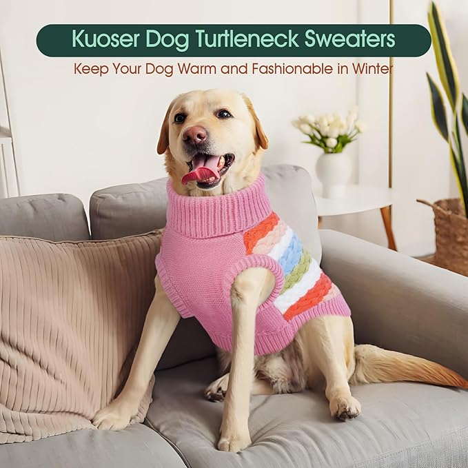 Kuoser Dog Sweater, Large Sweaters for Dogs Doggy Turtleneck Christmas Thanksgiving Outfit, Thick Warm Knitted Dog Winter Vest Puppy Fall Sweater, Pet Cold Weather Sweatshirt Warm Clothes, Pink L