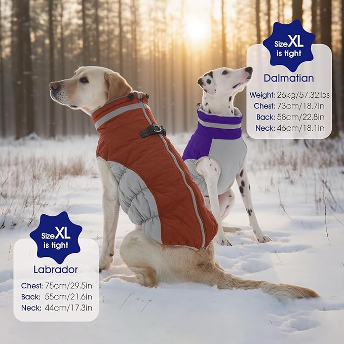 FUAMEY Dog Coat for Large Dogs,Waterproof Dog Winter Jacket with Harness Built in Puppy Cold Weather Coats Reflective Pet Vest with Zipper Warm Fleece Dogs Snowsuit Windproof Purple XXXL