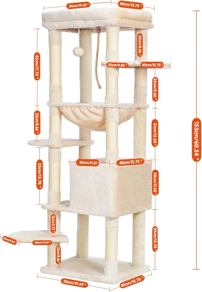 Heybly Cat Tree for Large Cats 20lbs Heavy Duty,60 inches XXL Cat Tower for Indoor Cats, Multi-Level Furniture Condo with Big Padded Plush Perch, Cozy Basket, Beige HCT050M