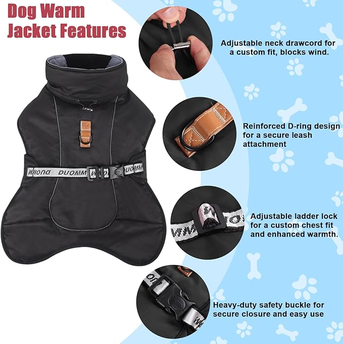 DoggieKit Dog Winter Coat, Waterproof Warm Jacket with Harness Built in, Reflective Cold Weather Doggie Vest, Windproof Turtleneck Pet Snowsuit, Adjustable Puffer Jacket for Medium Dogs, Black XL