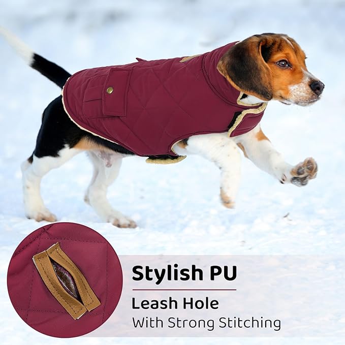 Queenmore Dog Winter Coat Warm Puffer Jacket Waterproof Plush Lining Thermal Cold Weather Vest for Small Medium Large Dogs, Windproof Easy On Pet Jacket Burgundy L