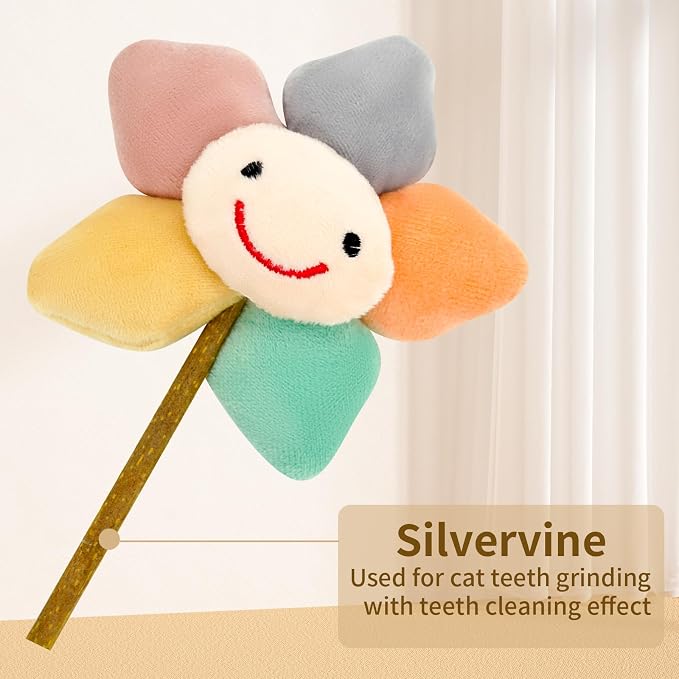 Kitten Chew Toys for Teething with Catnip – 3Pcs Bite Resistant Plush Cat Toys (Strawberry, Cloud Bell, Sunflower Stick)