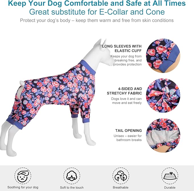 LovinPet Large Dog Pjs for Female Dogs, Anti Licking PJ's,Wound Care Post-Surgery Dogs Pajamas, Skin-Friendly Fabric,Navy and Hot Pink Rose Garden Print,Large Dog Pjs for Camping,Travel,Home,XL
