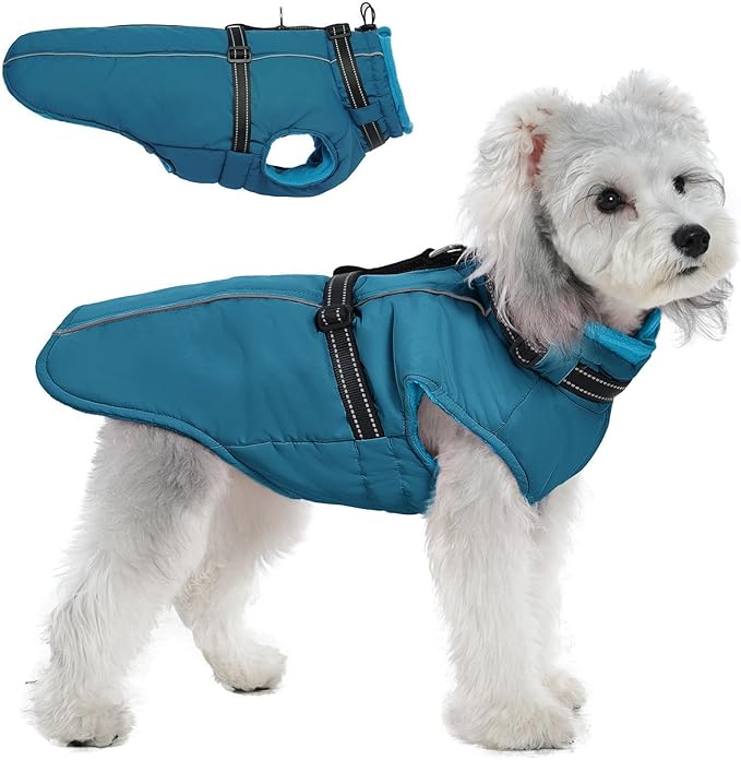 PUMYPOREITY Winter Fleece Coat for Small Dogs, Reflective Dog Jacket with Harness Built in, Waterproof Warm Coat for Dogs, Cold Weather Coats for Outdoor, Therma Windproof Pet Snowsuit, Blue,XS