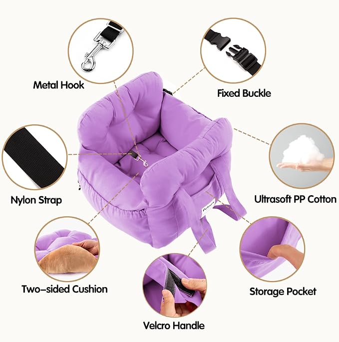 Dog Car Seat for Small Dogs, Portable Puppy Car Seat of Easy Installation, Fashionable Pet Carrier Bag with Large Pockets, Machine Washable Dog Booster Seat (Purple)