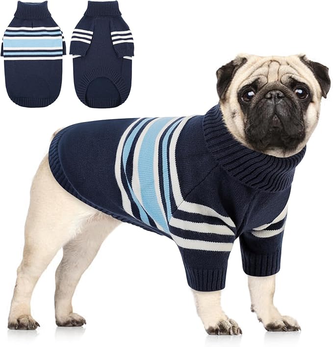 Queenmore Dog Striped Knitted Sweater, Turtleneck Pullover Pet Coat, Dog Winter Clothes with Leash Hole for Small Medium &Large Dogs(Navy Blue,M)