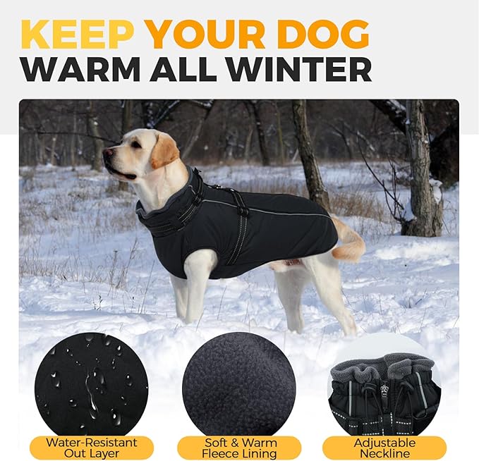 Lelepet Waterproof Dog Jacket with Harness Built in Warm Dog Winter Coat, Reflective Fleece Jacket, Dogs Coats for Medium Dogs, Cozy Thermal Turtleneck Pet Snowsuit for Cold Weather,Pug, Black, M