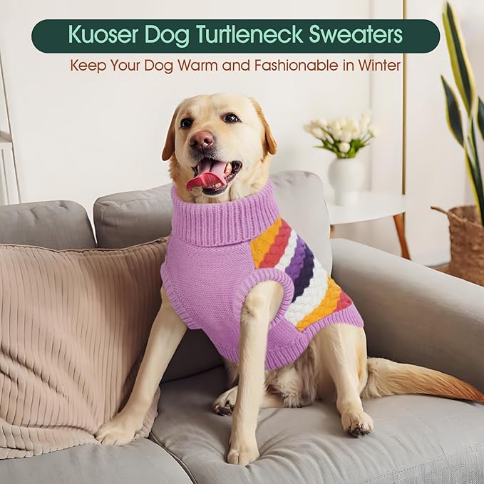 Kuoser Dog Sweater, Thermal Dog Sweaters for Medium Dogs Girl Boy, Puppy Christmas Sweater Thrtleneck Knitwear, Cozy Sweaters for Dogs, Thanksgiving Pet Outfit Warm Clothes for Fall Winter, Purple M