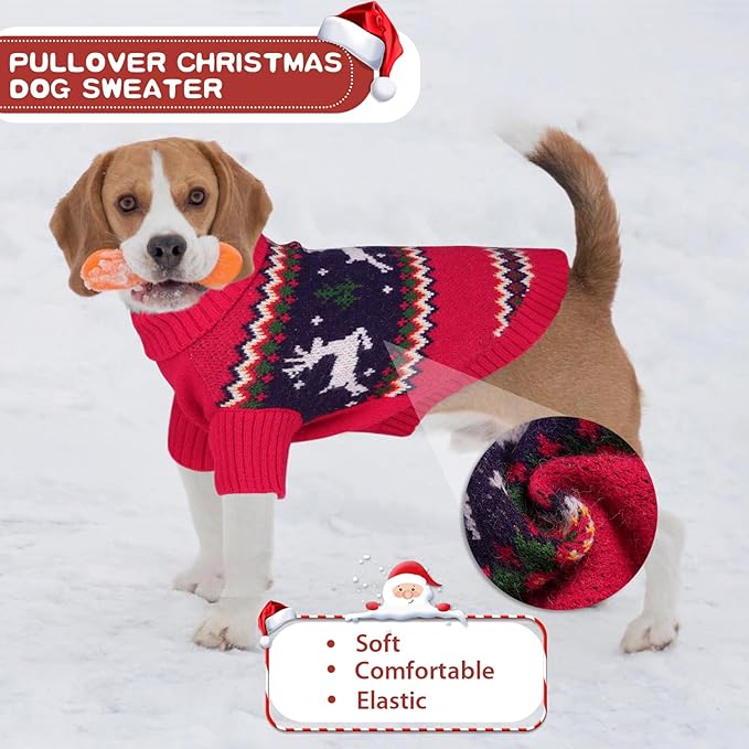 Queenmore Christmas Dog Sweater,Knitted Pullover Christmas Clothes,Turtleneck Dog Xmars Outfit, Warm Pet Sweaters for Small Dogs Boys or Girls M