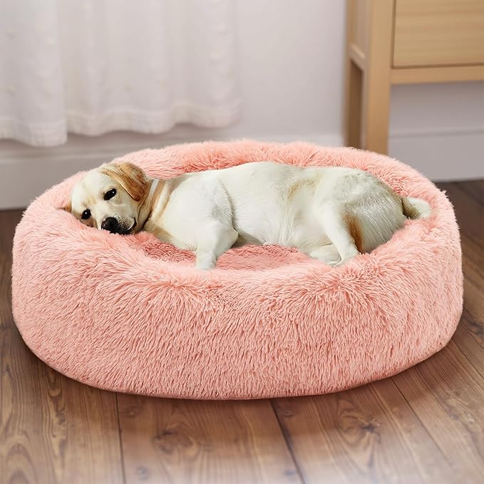 Athena Collection Washable Dog Bed Large Size Dog, Cat Bed for Indoor Cats, 36 Inches Fluffy Faux Fur Round Pet Bed Calming Cozy Soft Warming Donut for Large Size Pet, Pink