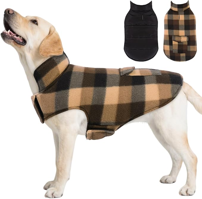 ASENKU Dog Winter Jacket Plaid Reversible Vest, Waterproof Dog Coat for Cold Weather, Perfect for Small to Large Dogs (Coffee, L)