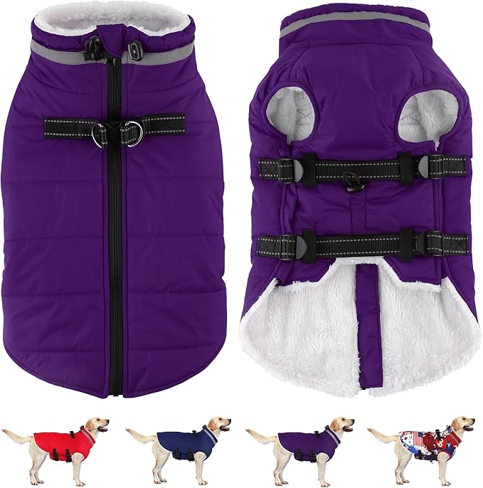 Dogcheer Dog Coat with Harness, Waterproof Dog Jacket Adjustable Pet Winter Coat with Zipper, Christmas Puppy Snow Jacket Fleece Sweater for Small Medium Large Dogs - Purple 3XL