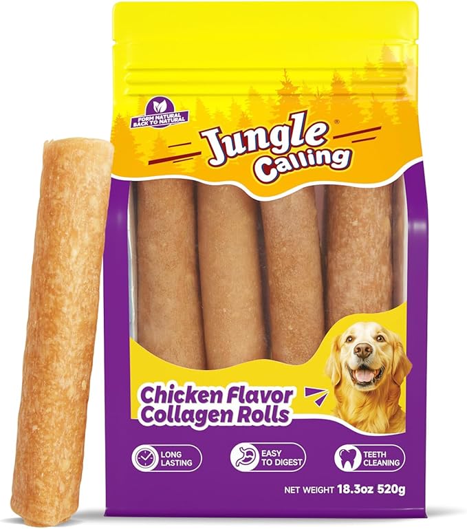 Jungle Calling Dog Treats, Collagen Rolls Dog Chew Treats, 7 Inch Long Lasting Rawhide Alternative Chicken Flavor Collagen Chews for Medium and Large Dogs, 18.3 oz (4 Counts)