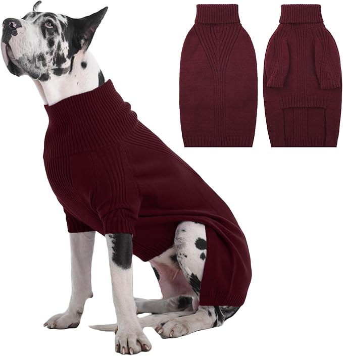 IECOii Great Dane Sweater,5XL Extra Large Sweater for Giant Breed Dogs in Winter,Turtleneck Cold Weather Knit Clothes,Machine Washable,Elastic Pullover for Saint Bernard,Mastiff (Burgundy,XXXXXL)