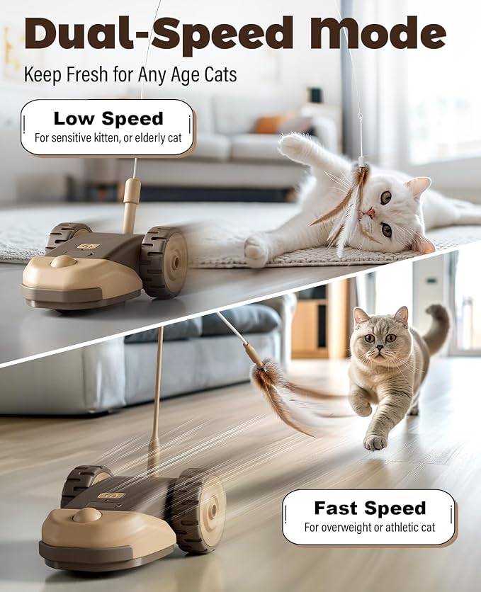 CYROS 3-in-1 Interactive Cat Toy - 2-Speed Automatic Moving Mouse Cat Toys Self Play with 2pcs Hanging Feather String Ribbon and Wiggly Silicone Mice Tail for Bored Indoor Adult Cats Kittens