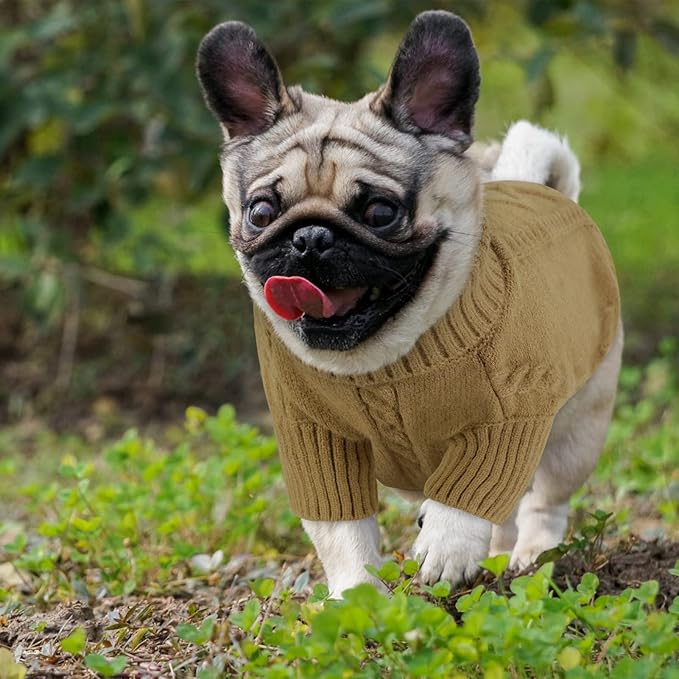Queenmore Small Dog Pullover Sweater, Cold Weather Cable Knitwear, Classic Turtleneck Thick Warm Clothes for Chihuahua, Bulldog, Dachshund, Pug (Light Brown, X-Small)