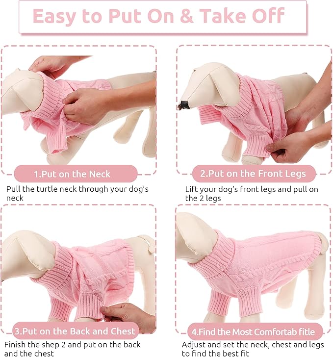 Queenmore Small Dog Pullover Sweater, Cold Weather Cable Knitwear, Classic Turtleneck Thick Warm Clothes for Chihuahua, Bulldog, Dachshund, Pug, Yorkie (Pink, X-Large)