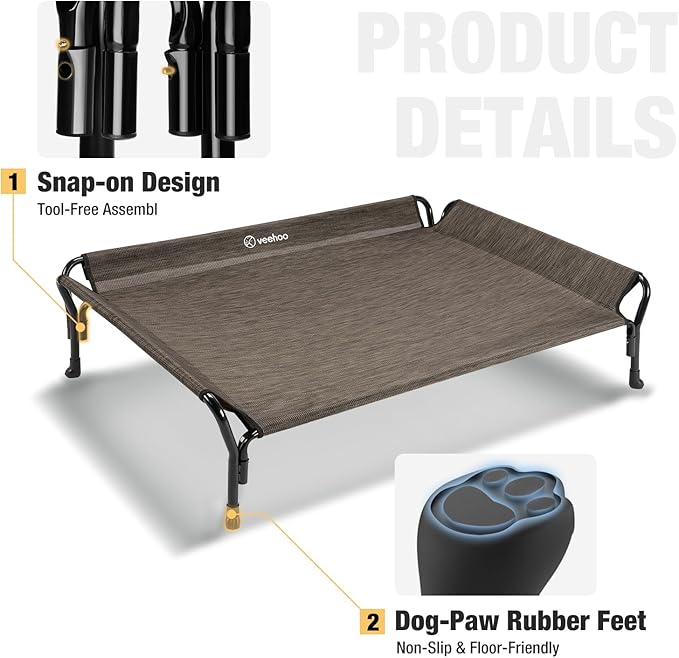 Veehoo Cooling Elevated Dog Bed, Raised Pet Cot with Guardrail & Slope Headrest, Durable Breathable Teslin Mesh, Non-Slip Feet, Washable Dog Couch Bed for Indoor & Outdoor, Large 47" x 32", Brown