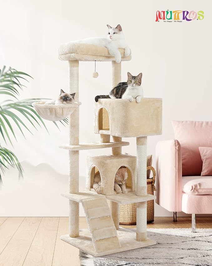 MUTTROS Cat Tree for Large Cats with Super Large Top Perch,56.2" Multi-Level Tower for Indoor Cats with Hammock and Sleeping Bag, Cat Shelves with Scratching Posts and 2 Condos Houses, Beige