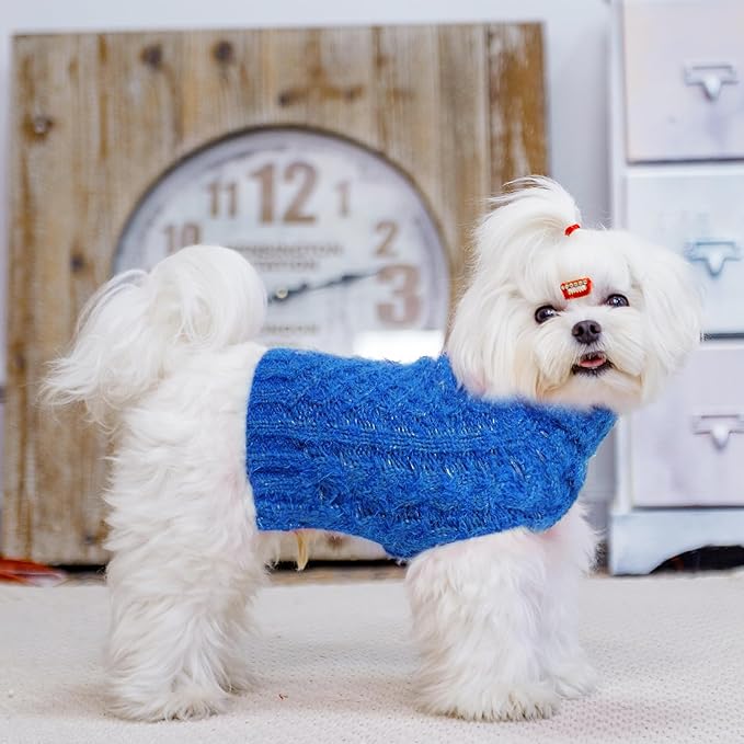 Turtleneck Small Dog Sweaters - Classic Cable Knitwear Winter Coat for Small Medium Dogs Male Female Puppy Dog Cold Weather Clothes Girls Boys, Blue, XS